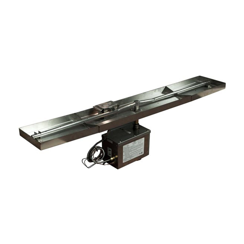 Fire pit burner assembly with control box and wiring under long metal bar