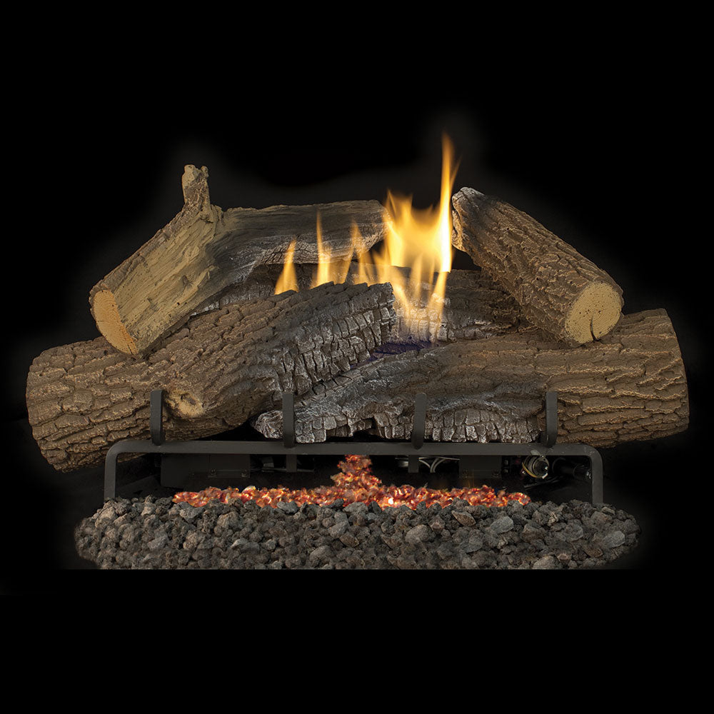 Vent-free gas log set with stacked logs, glowing embers, and visible flames