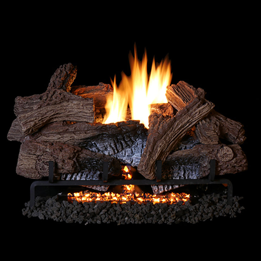 Vent-free gas log set with split wood logs and visible orange flames