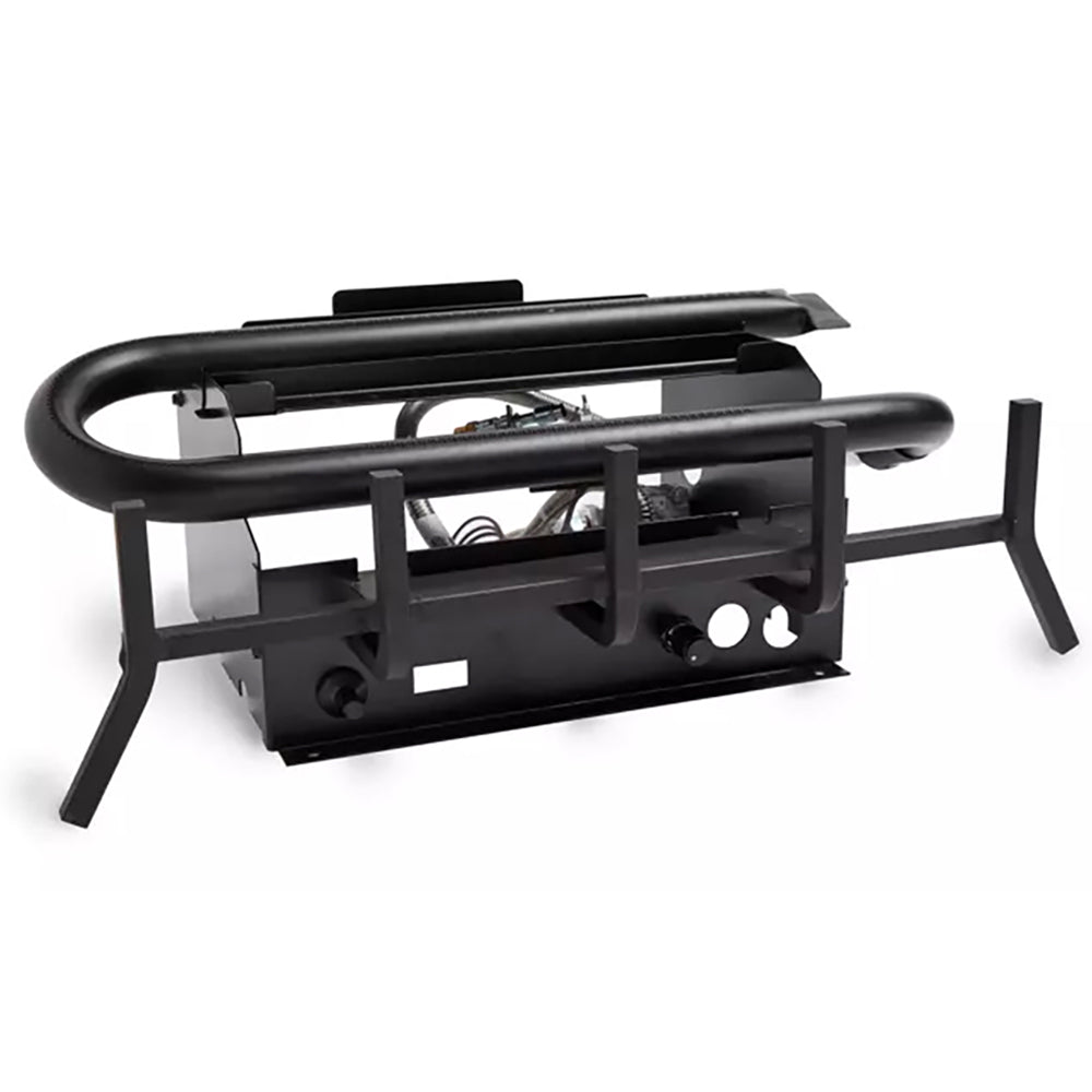 Black outdoor natural gas burner with metal grate and support legs