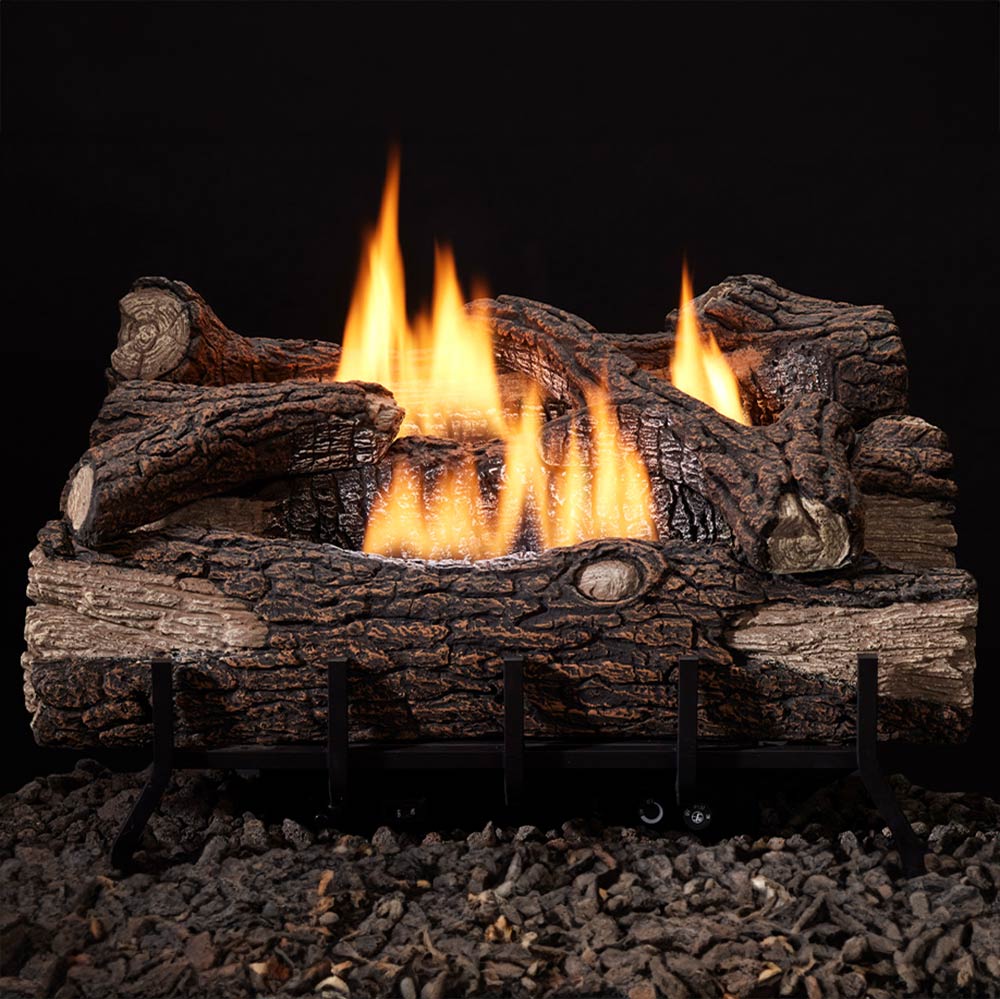 Outdoor log set with dark faux logs, glowing flames, and black metal grate