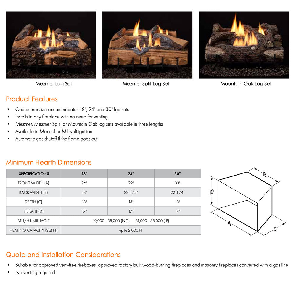 Gas log set shown from three angles with burning flames over log bed