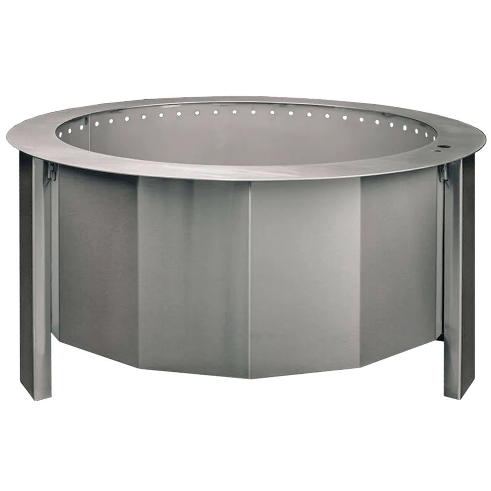 Metal round wood-burning fire pit with perforated rim and four support legs
