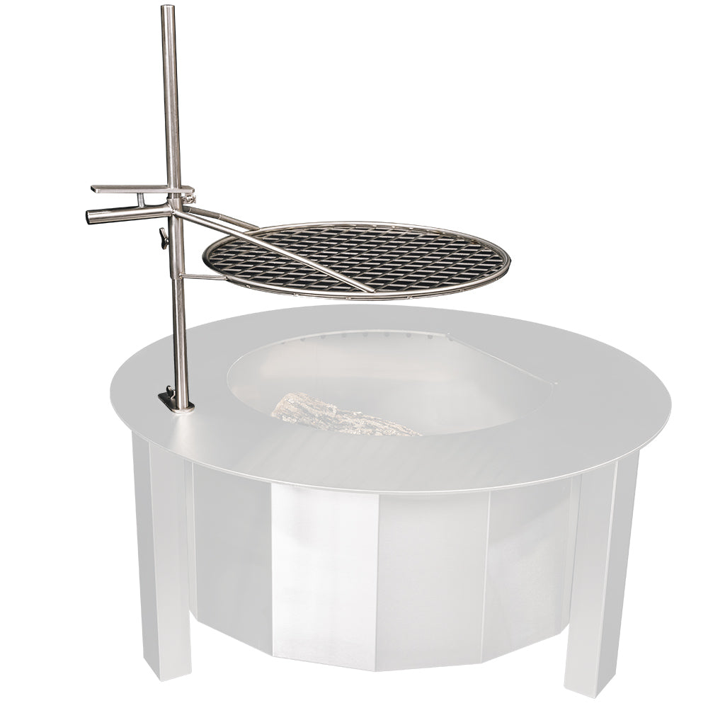 Stainless cooking grate with vertical rod over round fire bowl