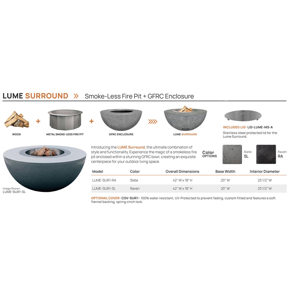 GFRC smokeless fire bowl spec graphic showing color options Slate and Raven