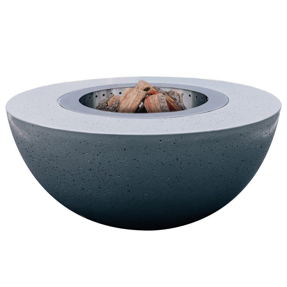 Dark speckled concrete fire bowl with stainless steel smokeless insert and wood logs
