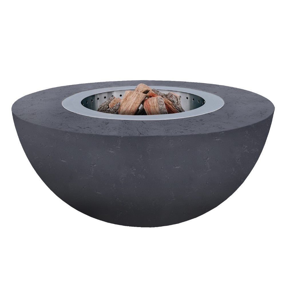 GFRC wood fire bowl with round fire opening and stainless steel smokeless insert, logs inside