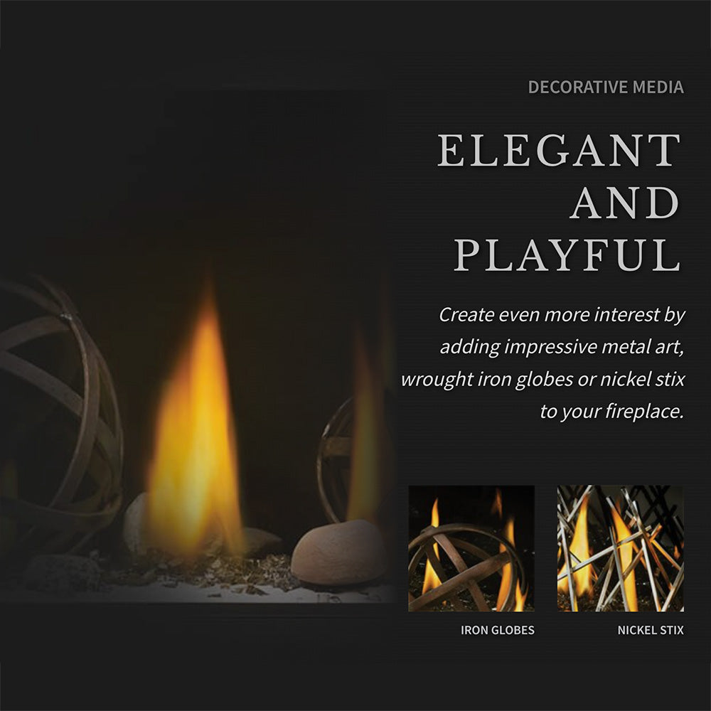 Gas fireplace decorative media with glowing flames and iron globe and nickel stix set