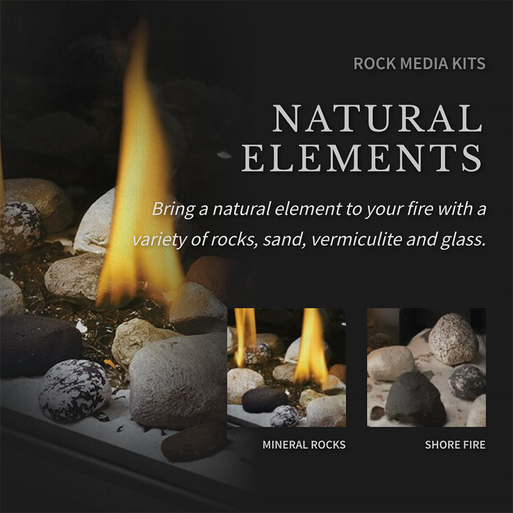Gas fireplace with rock media showing mineral rocks and shore fire stones