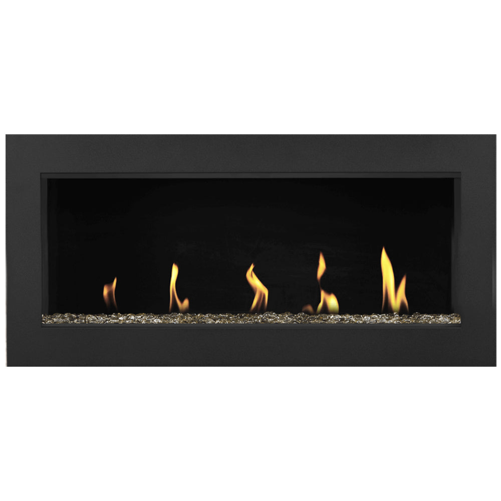 Direct vent gas fireplace with flame and dark pebble media