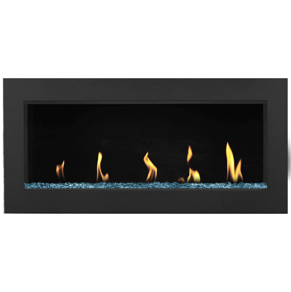 Direct vent gas fireplace with flame and blue glass bead bed