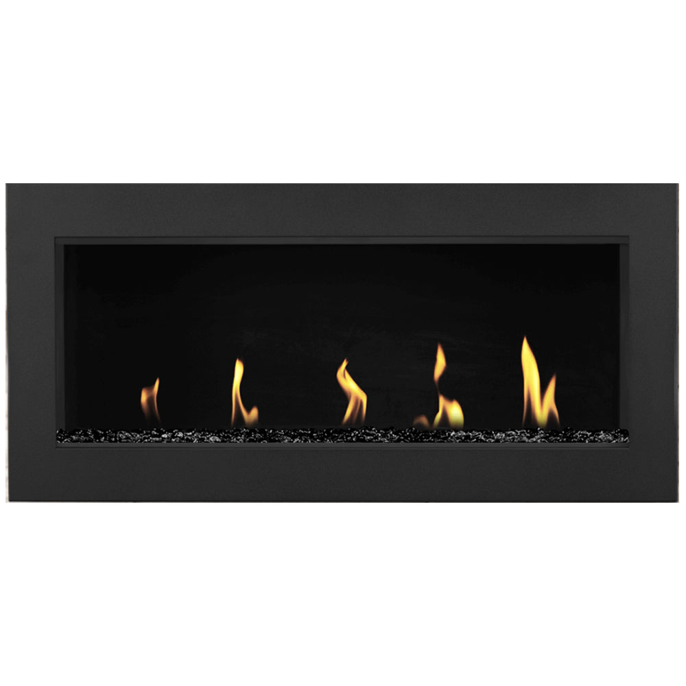 Direct vent gas fireplace with flame and dark rock bed