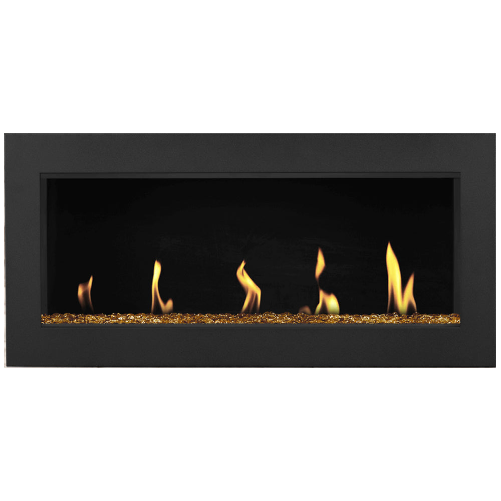 Direct vent gas fireplace with flame and brown rock media