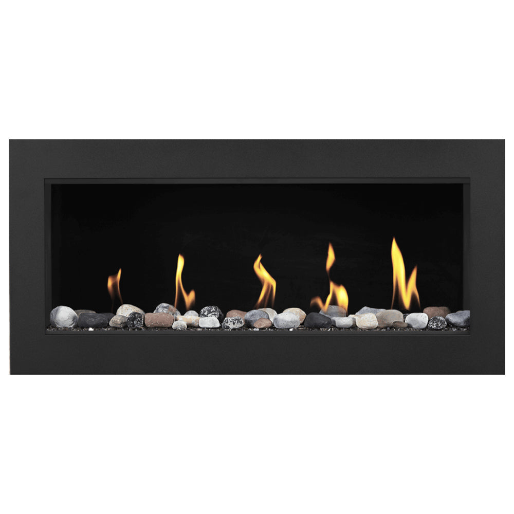 Direct vent gas fireplace with flame and gray stone media