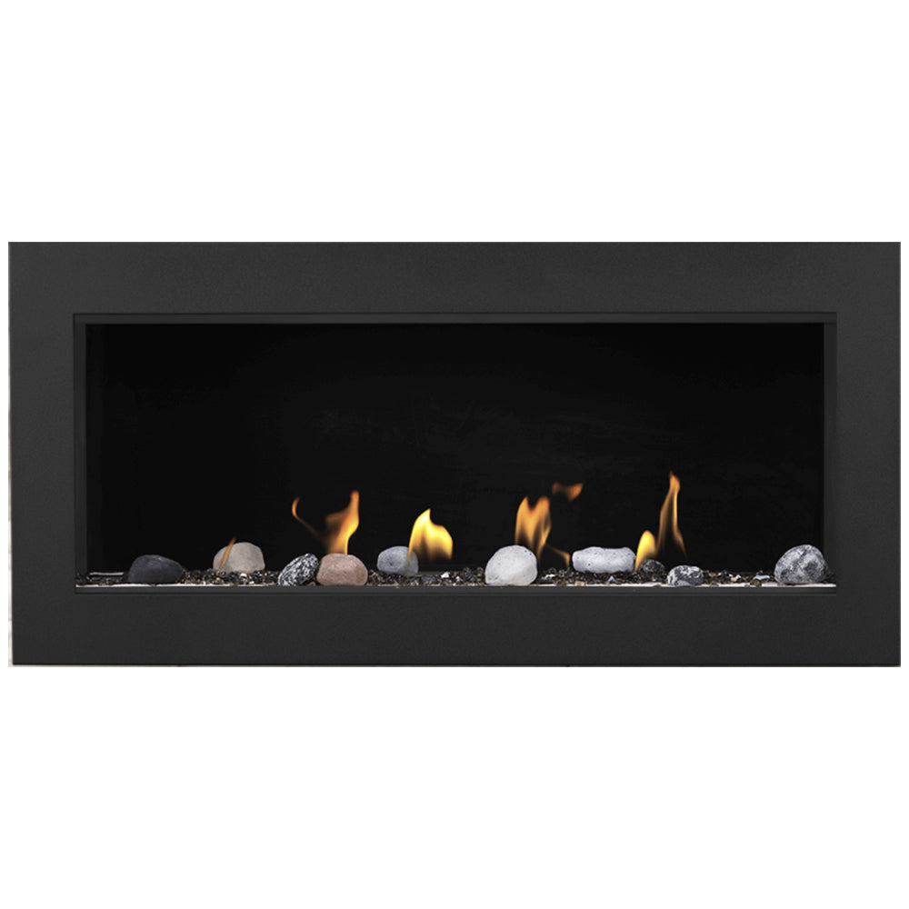 Direct vent gas fireplace with flame and light gray pebble media