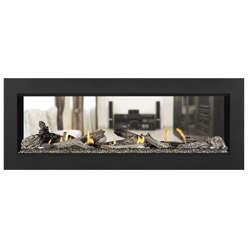 Direct vent gas fireplace insert with dark fire media and small yellow flames inside black frame