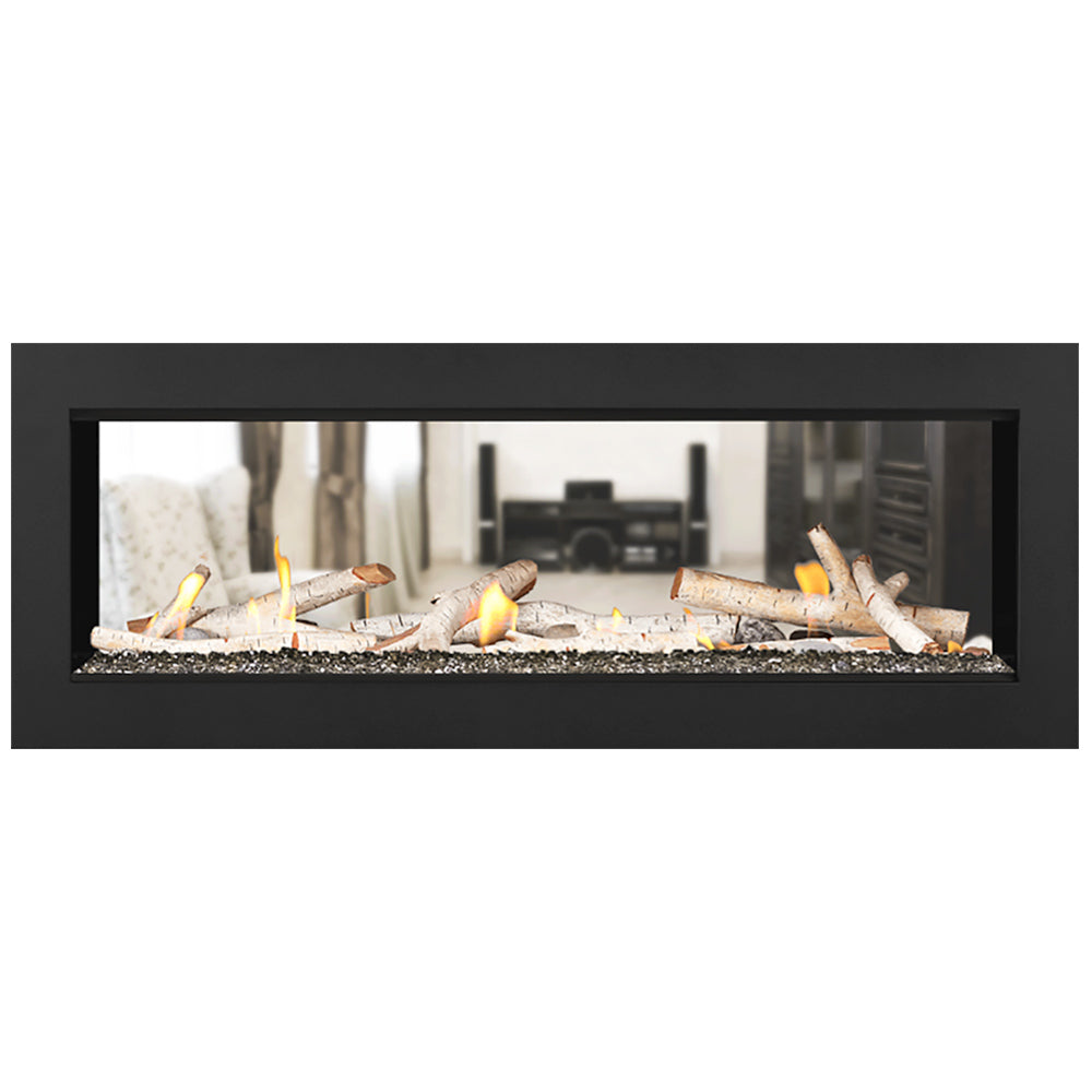 Direct vent gas fireplace insert with light logs and stones and yellow flames inside black frame