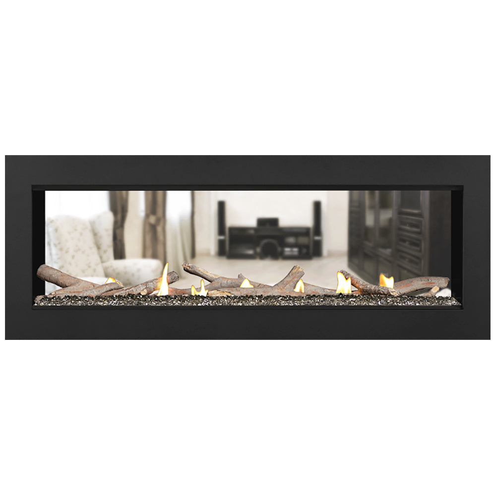 Direct vent gas fireplace insert with light logs, rocks, and yellow flames inside black frame