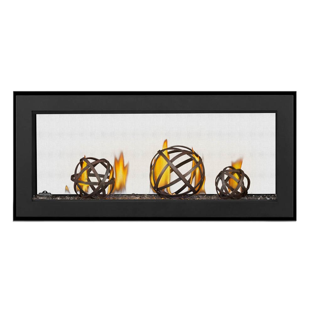Direct vent gas fireplace front with decorative metal globes and flames behind glass