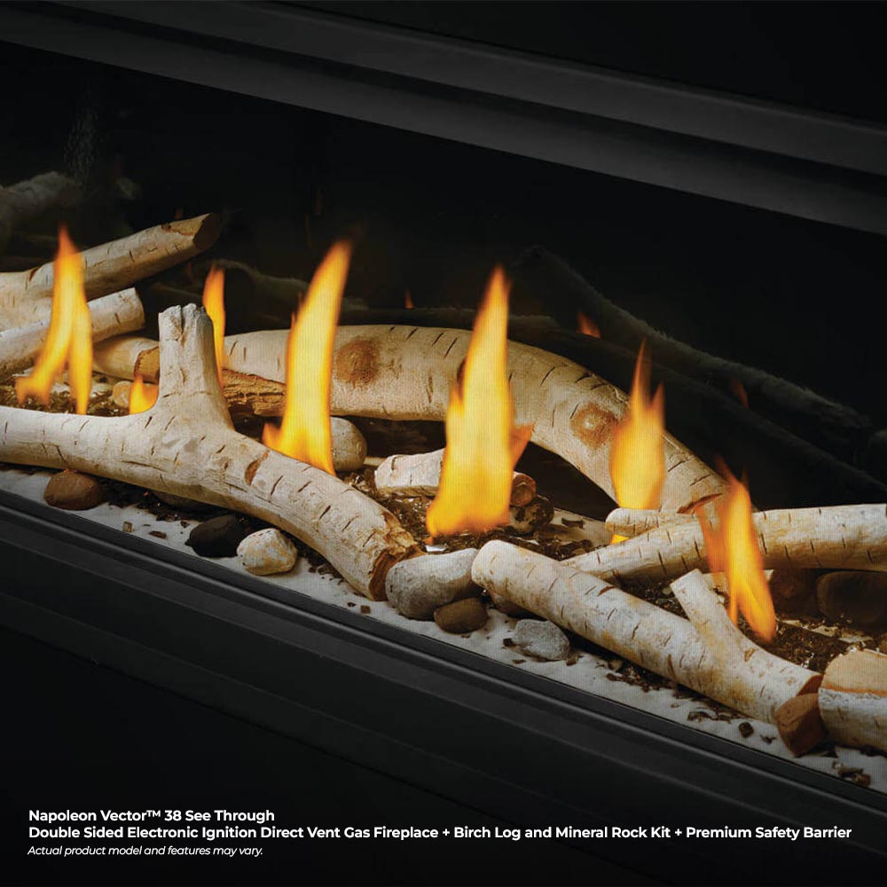 Gas fireplace burner with birch logs and orange flames behind black firebox glass