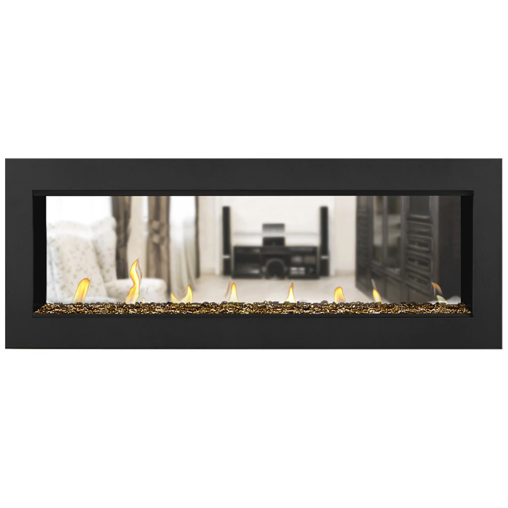 Double-sided gas fireplace with flames and white glass media in a black frame