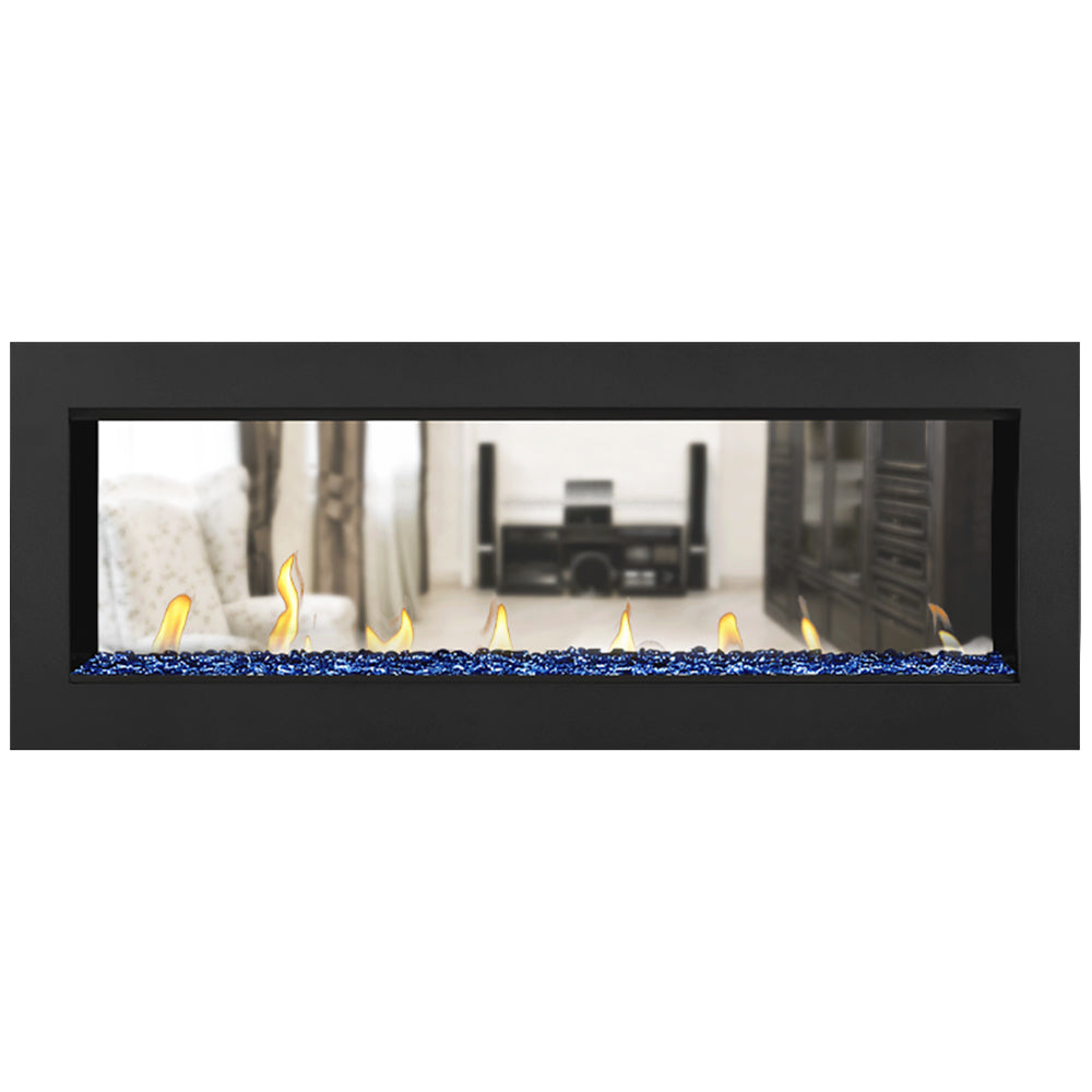 Double-sided gas fireplace with flames and blue glass media inside a black frame