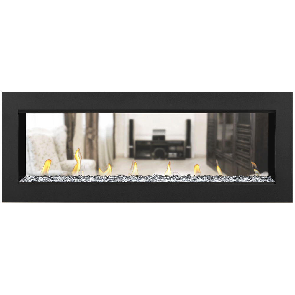 Double-sided gas fireplace with flames and white glass media in a black surround