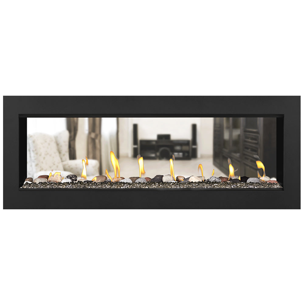 Direct vent gas fireplace insert with light logs and rocks and yellow flames inside black frame