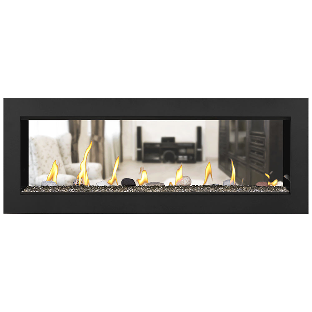 Double-sided gas fireplace with flames and white glass media behind a black frame