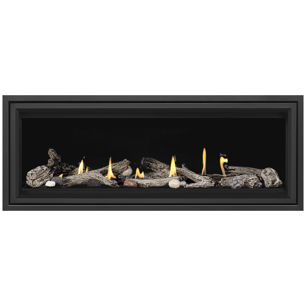 Rectangular direct vent gas fireplace with black surround, flames over dark rocks