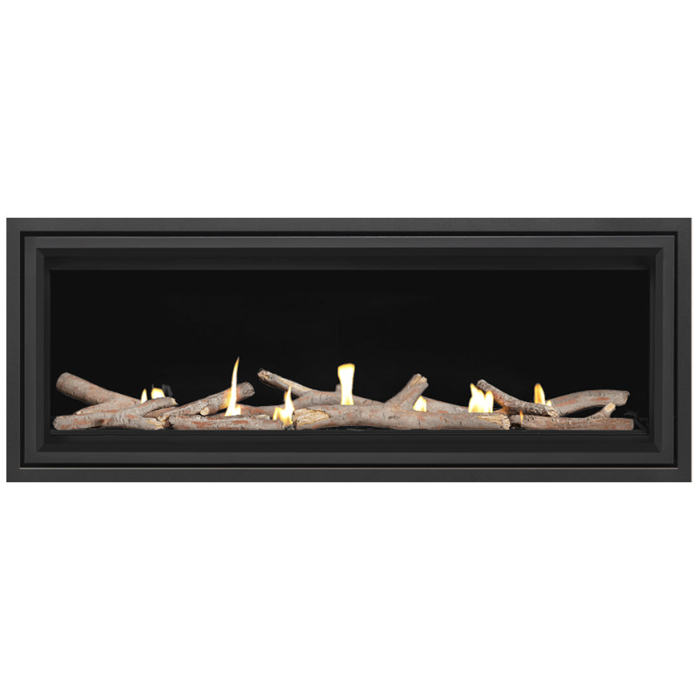 Rectangular direct vent gas fireplace with black surround, flames over light logs