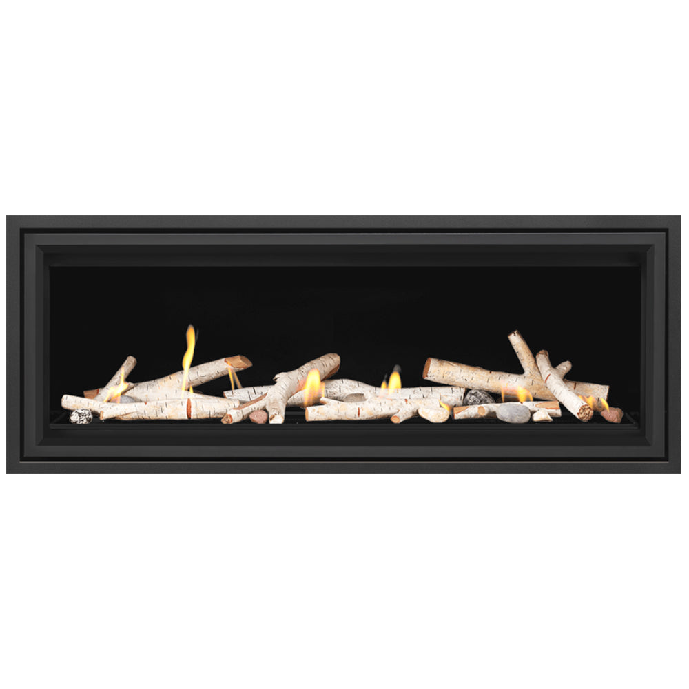 Direct vent gas fireplace burner with glowing flames and light log-style media behind black trim.