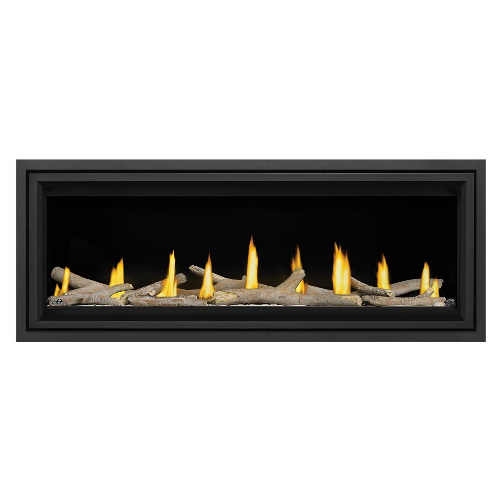Direct vent gas fireplace burner with multiple flames over gray and black fire media.