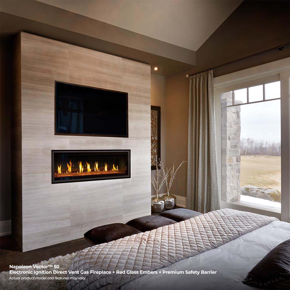 Wall-mounted direct vent gas fireplace with flames burning inside a black-framed firebox.