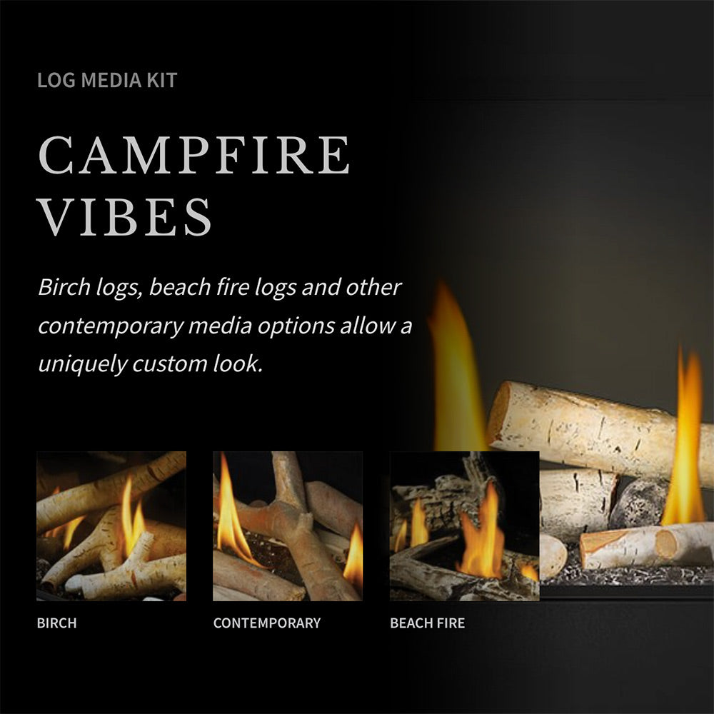 Direct vent gas fireplace with burning logs and flames, showing multiple log media styles.