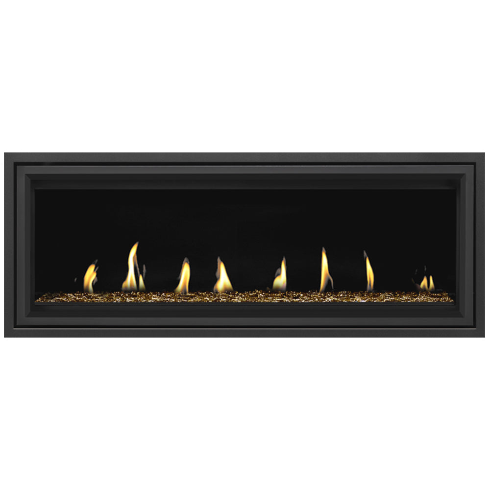 Rectangular direct vent gas fireplace with black surround, flames over dark ember bed