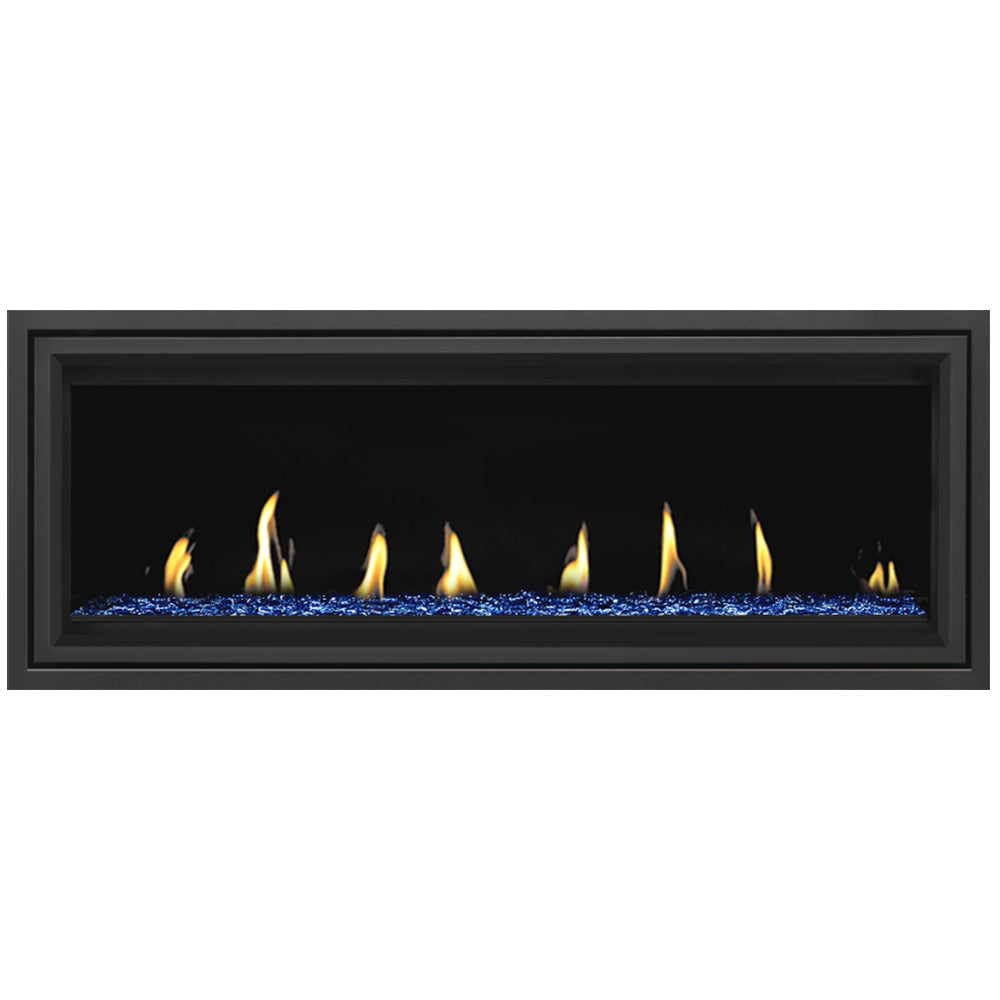 Rectangular direct vent gas fireplace with black surround, flames over blue glass beads