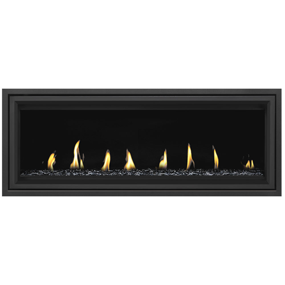 Rectangular direct vent gas fireplace with black surround, flames over gray ember bed