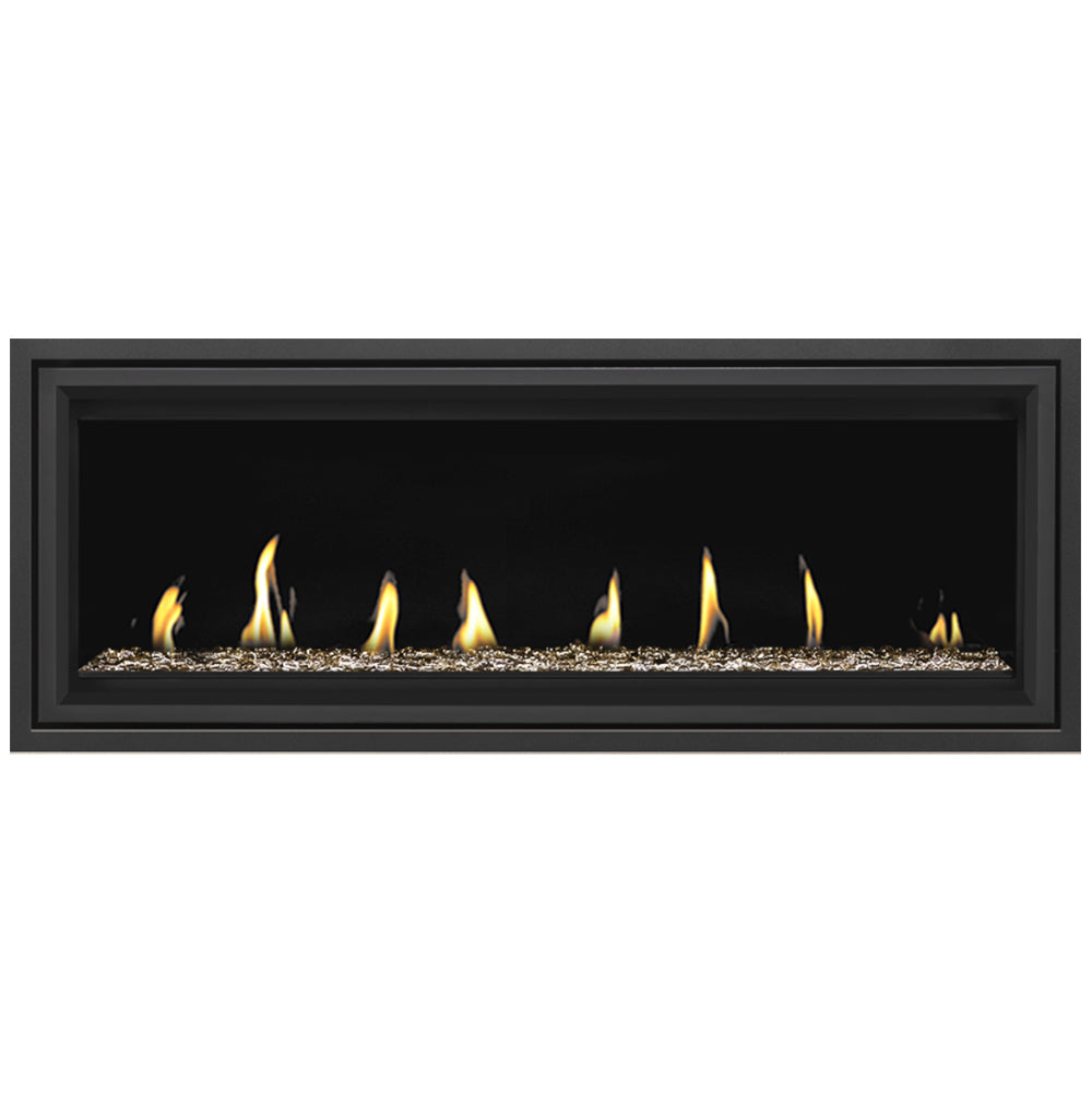 Rectangular direct vent gas fireplace with black surround, flames over speckled ember bed