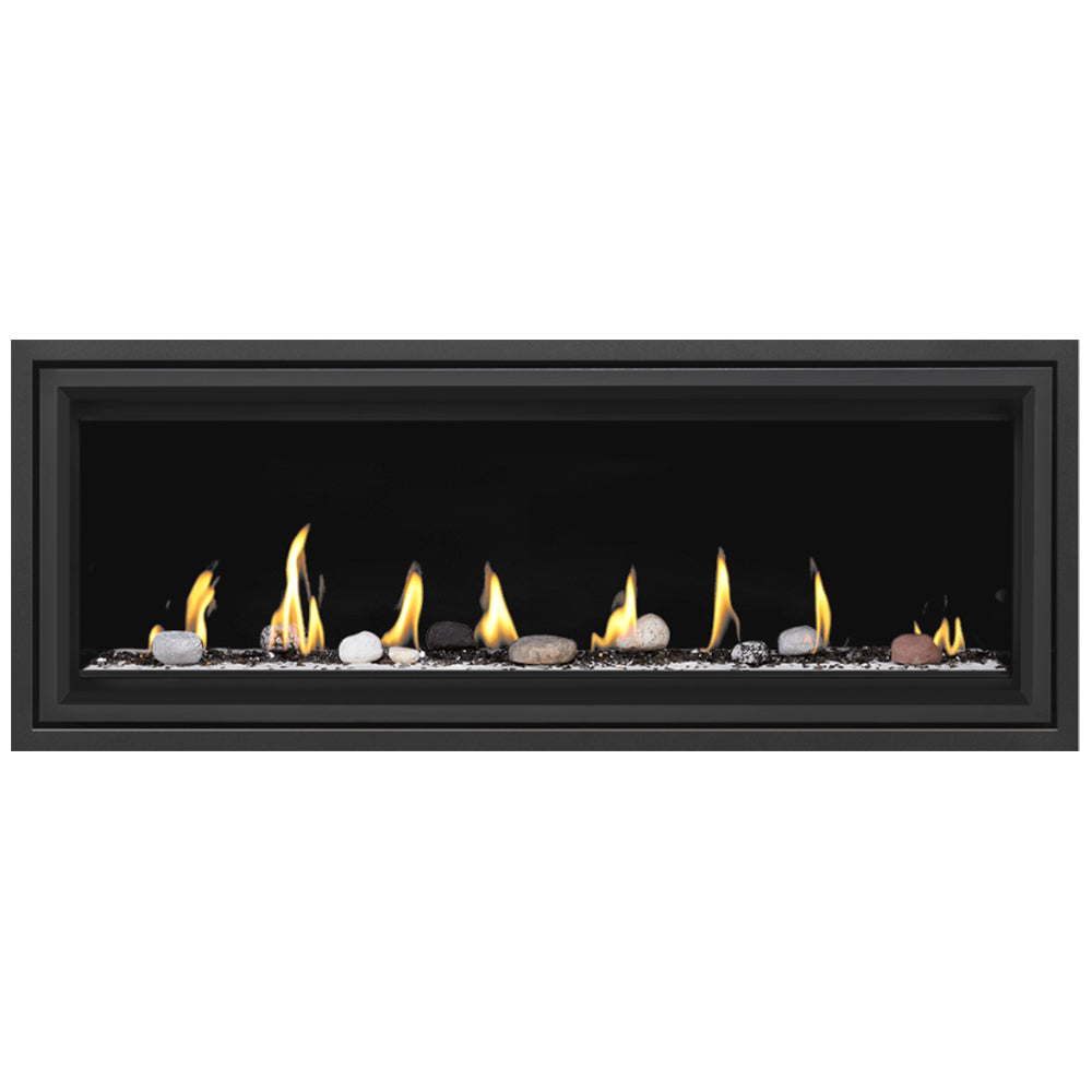 Rectangular direct vent gas fireplace with black surround, flames over light stones