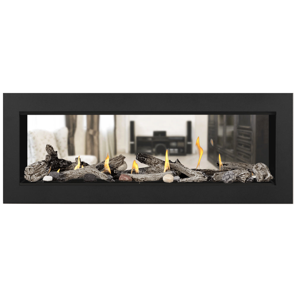 Double-sided gas fireplace with dark logs and rocks, yellow flames, and light stones in black frame