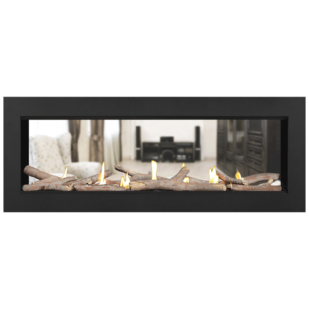 Double-sided gas fireplace with gray logs and yellow flames in a black frame