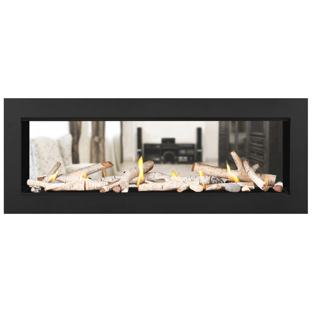 Black framed gas fireplace with flames over light logs and ember bed