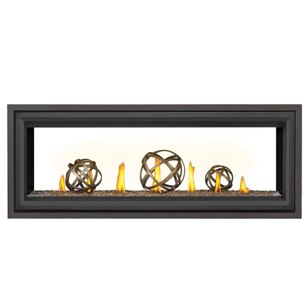 Black framed gas fireplace with flames and circular metal log ornaments