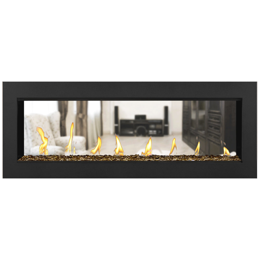 Double-sided gas fireplace with dark fire media and yellow flames in a black frame