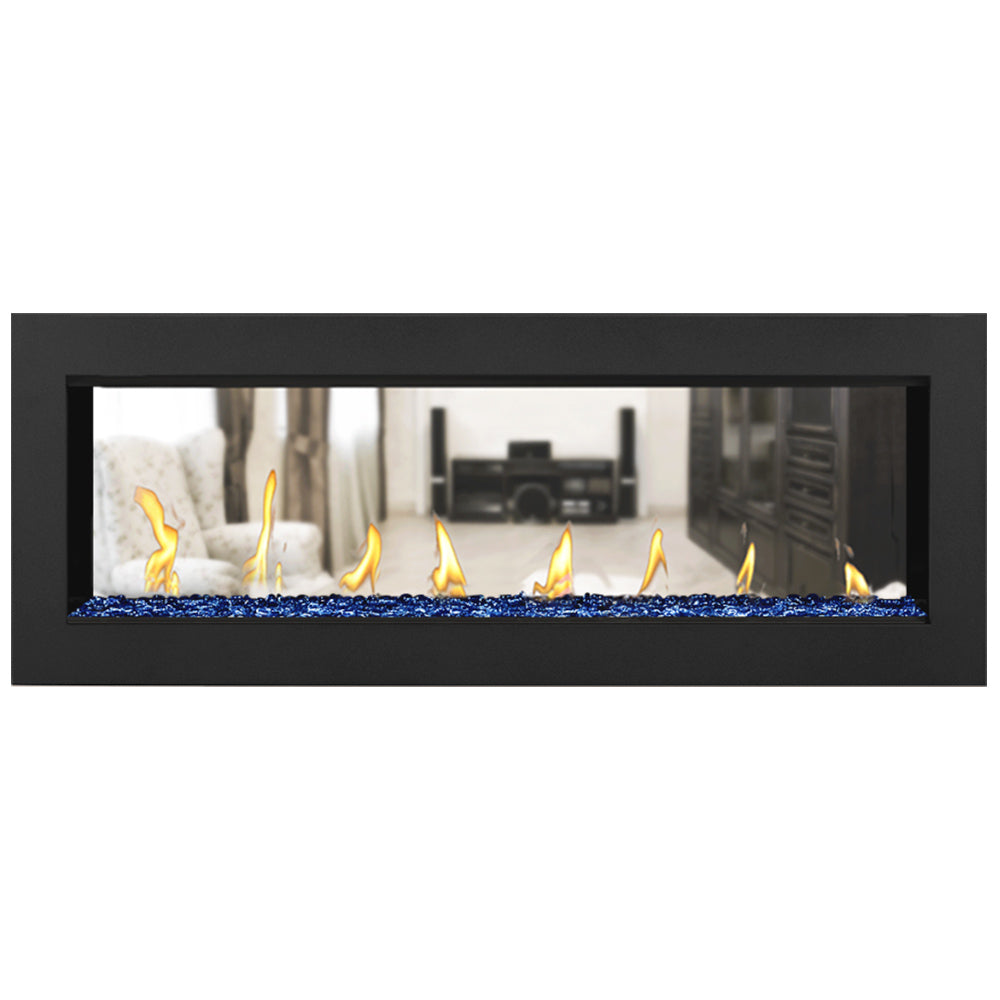 Double-sided gas fireplace with blue fire media and yellow flames in a black frame