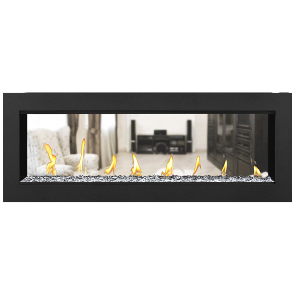 Double-sided gas fireplace with light fire media and yellow flames in a black frame