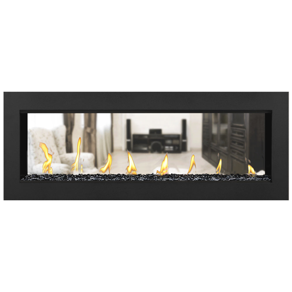 Double-sided gas fireplace with white fire media and yellow flames in a black frame
