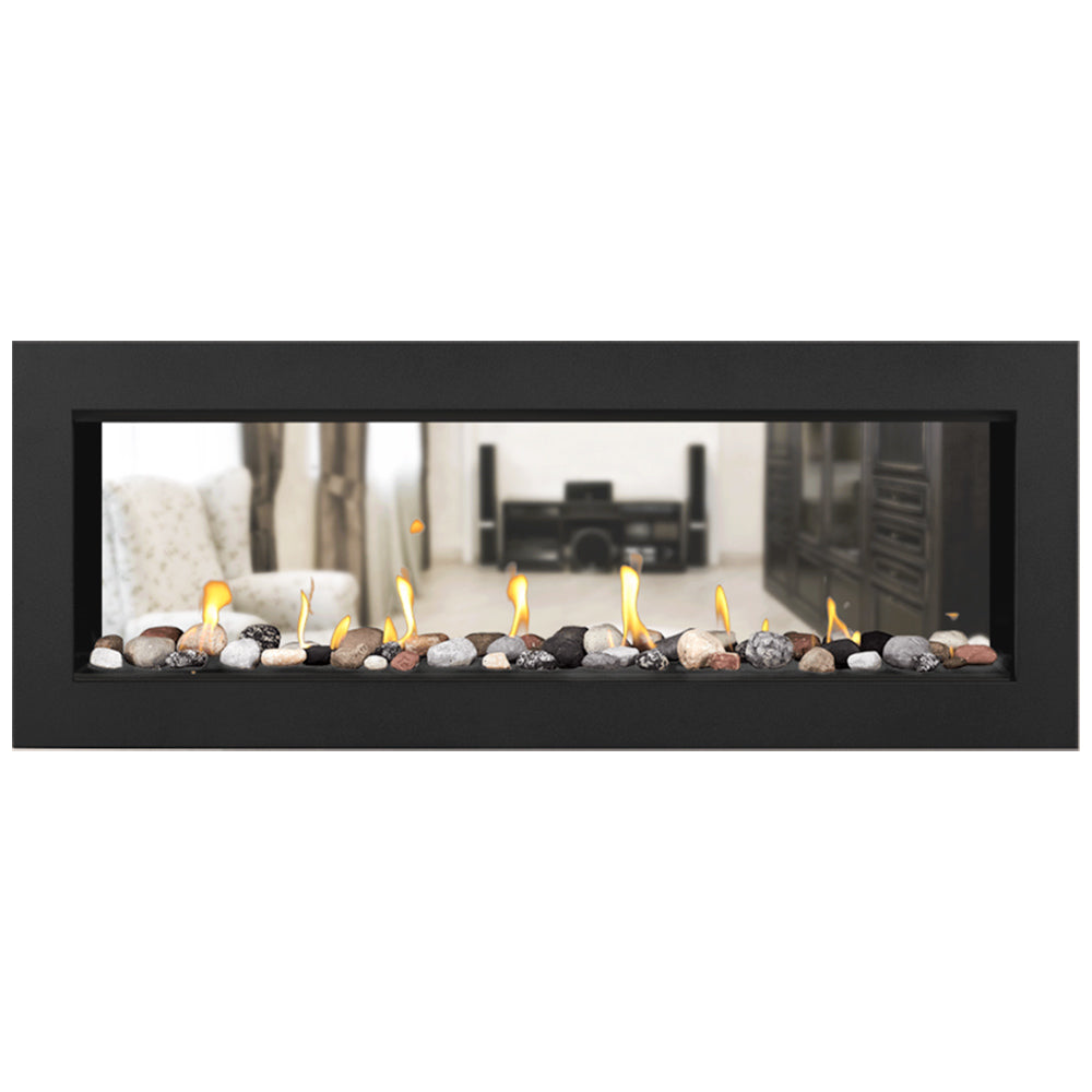 Direct vent gas fireplace with mixed glass and rock media and multiple flames