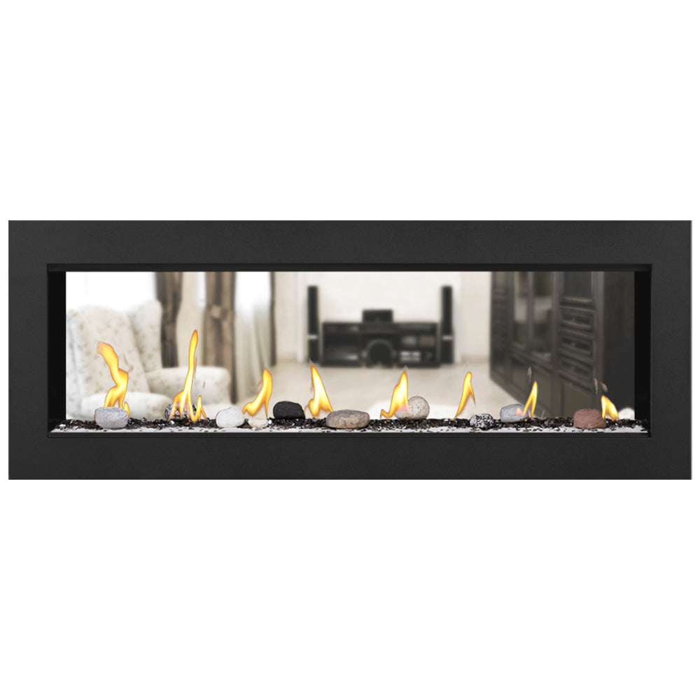Double-sided gas fireplace with white fire media and yellow flames in a black frame